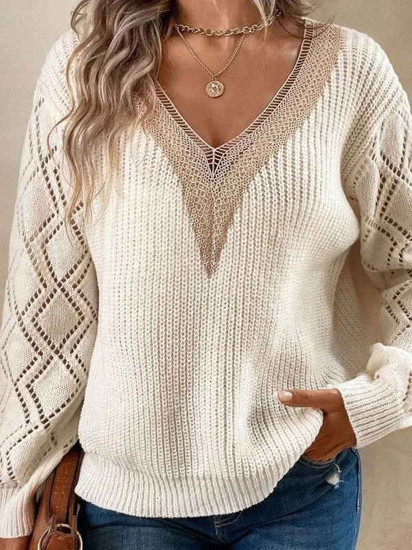 Athvotar Athvotar V-Neck Lace New Sweater Loose Casual Jacket Women's Knitwear Shirt