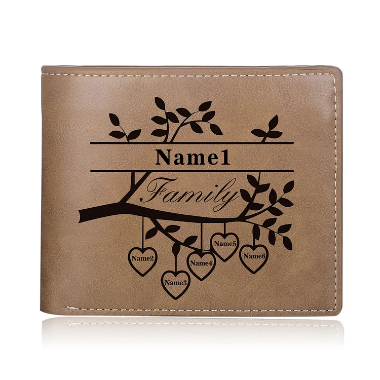 6 Names-Personalized Family Tree Leather Mens Wallet Engraved 6 Names-Special Gift Photo Wallet For Father/Grandpa