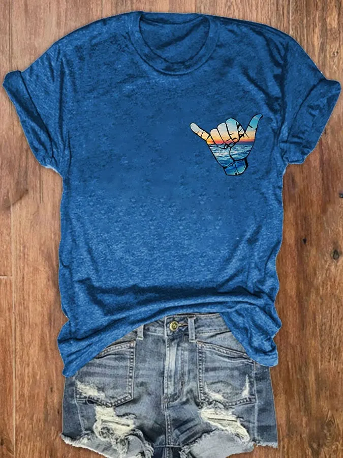 Women's Hawaiian Shaka Gesture Print T-shirt