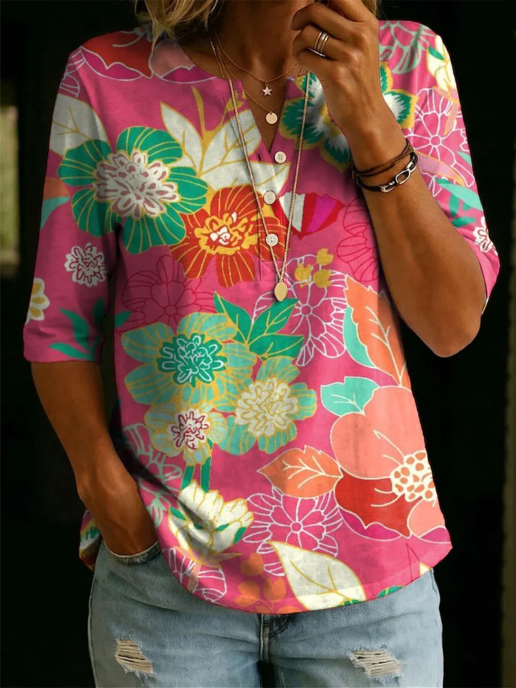 Women&rsquo;s Floral Pattern Art Casual Classic Henley Collar 100% Cotton T-shirt