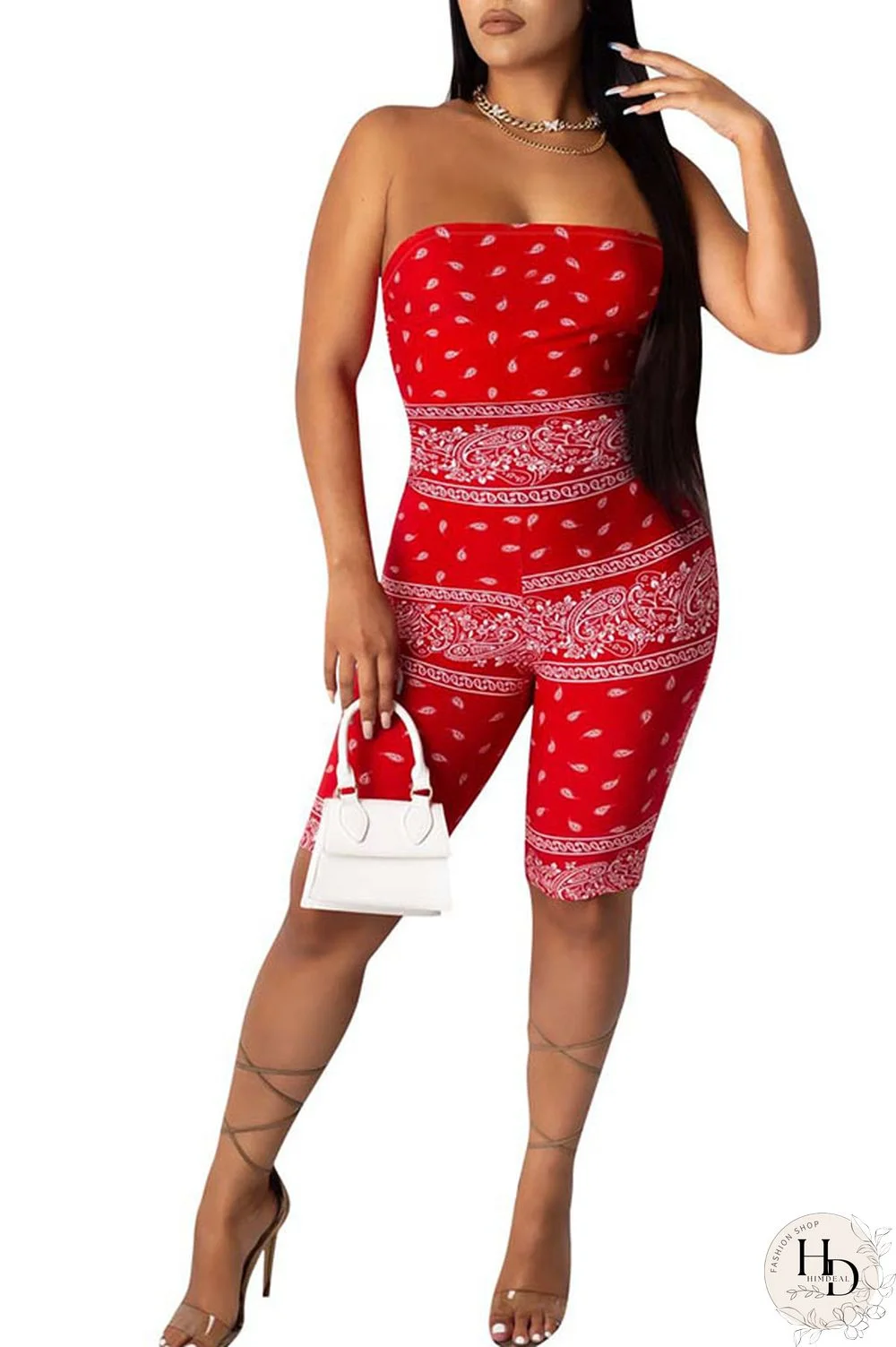 Red Fashion street Print Milk. Sleeveless Wrapped Jumpsuits
