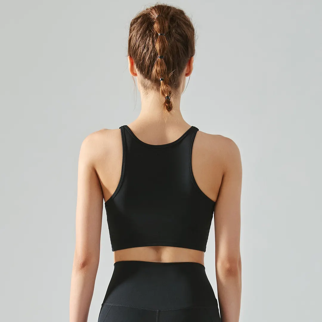 Buy double sided brushed nylon sweat wicking 4 way stretch ethically made breathable air cooling medium impact sports vest bra of high quality on Hergymclothing Black 