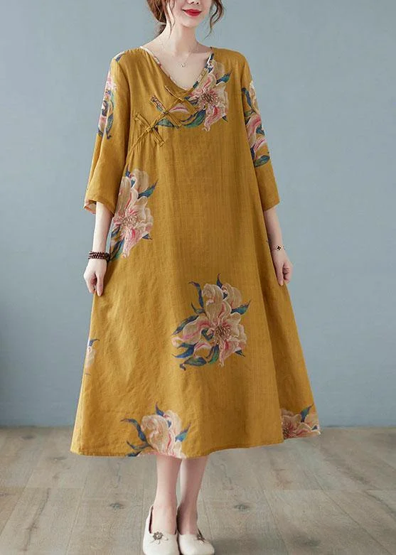Loose Yellow Casual V Neck Print Summer Party Dresses Half Sleeve
