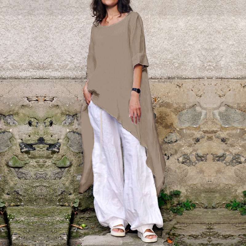 Women Casual Loose Long Blouses Celmia Cotton Linen Tops 2021 Summer Half Sleeve Asymmetric Shirts Solid Blusas Plus Size S-5XL