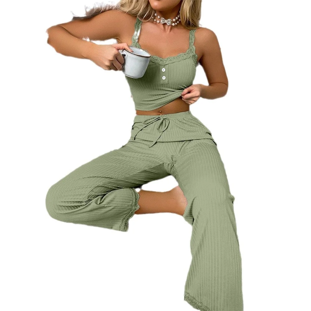 Uveng Uveng Pajamas Female Summer Lace Lace Sling Trousers Sexy Babes Lady Home Clothes Two-Piece Set