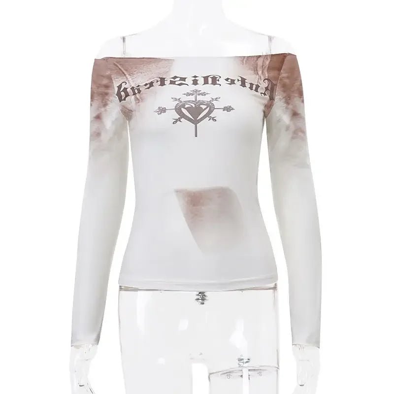 OLCooL Vintage Goth Off Shoulder T Shirt Women Harajuku Gothic Grunge Graphic Crop Top Trashy Y2k 2000s Coquette Long Sleeve Tees olcool