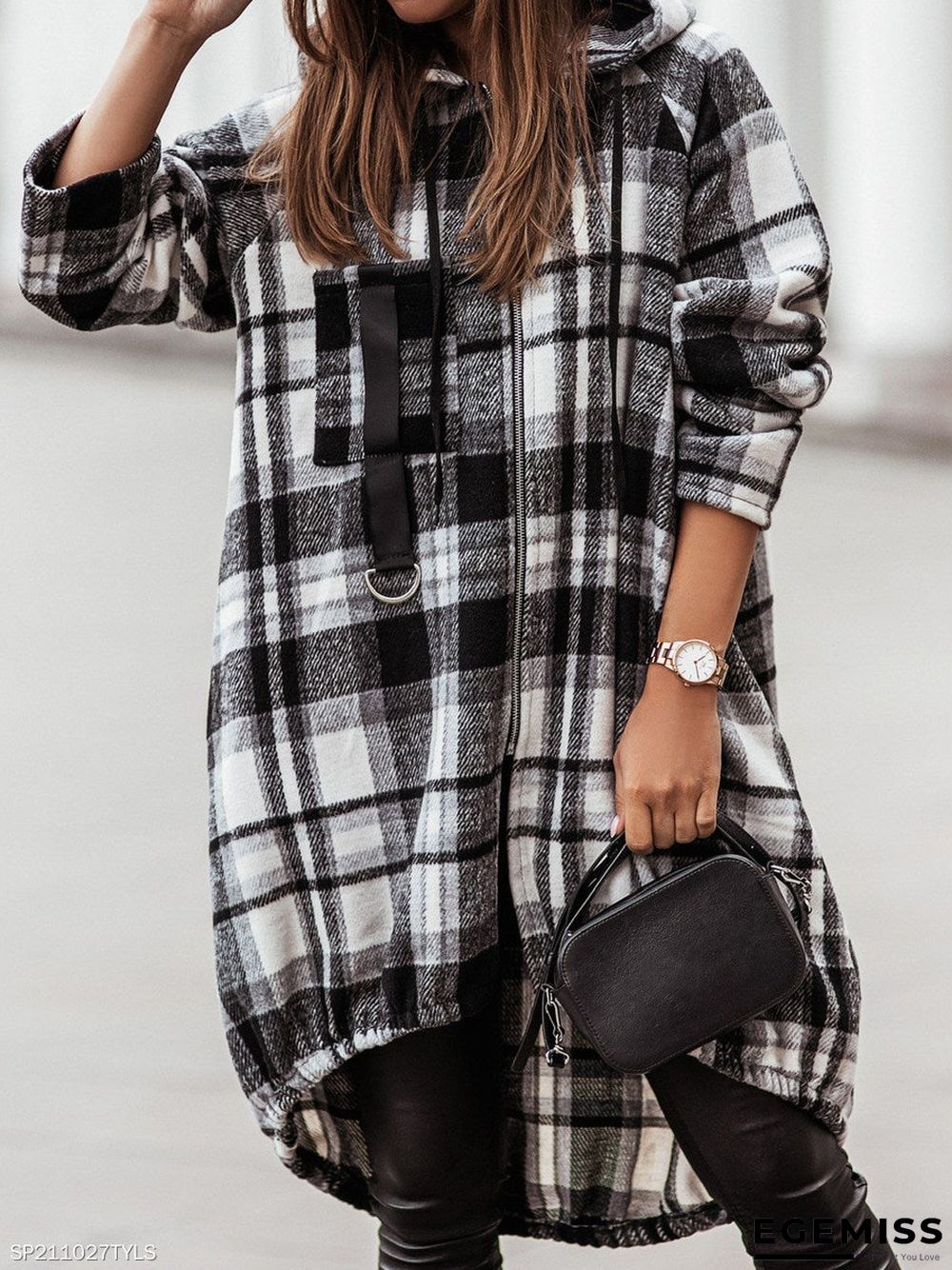 Casual Plaid Zip Long Sleeve Hooded Outerwear | EGEMISS