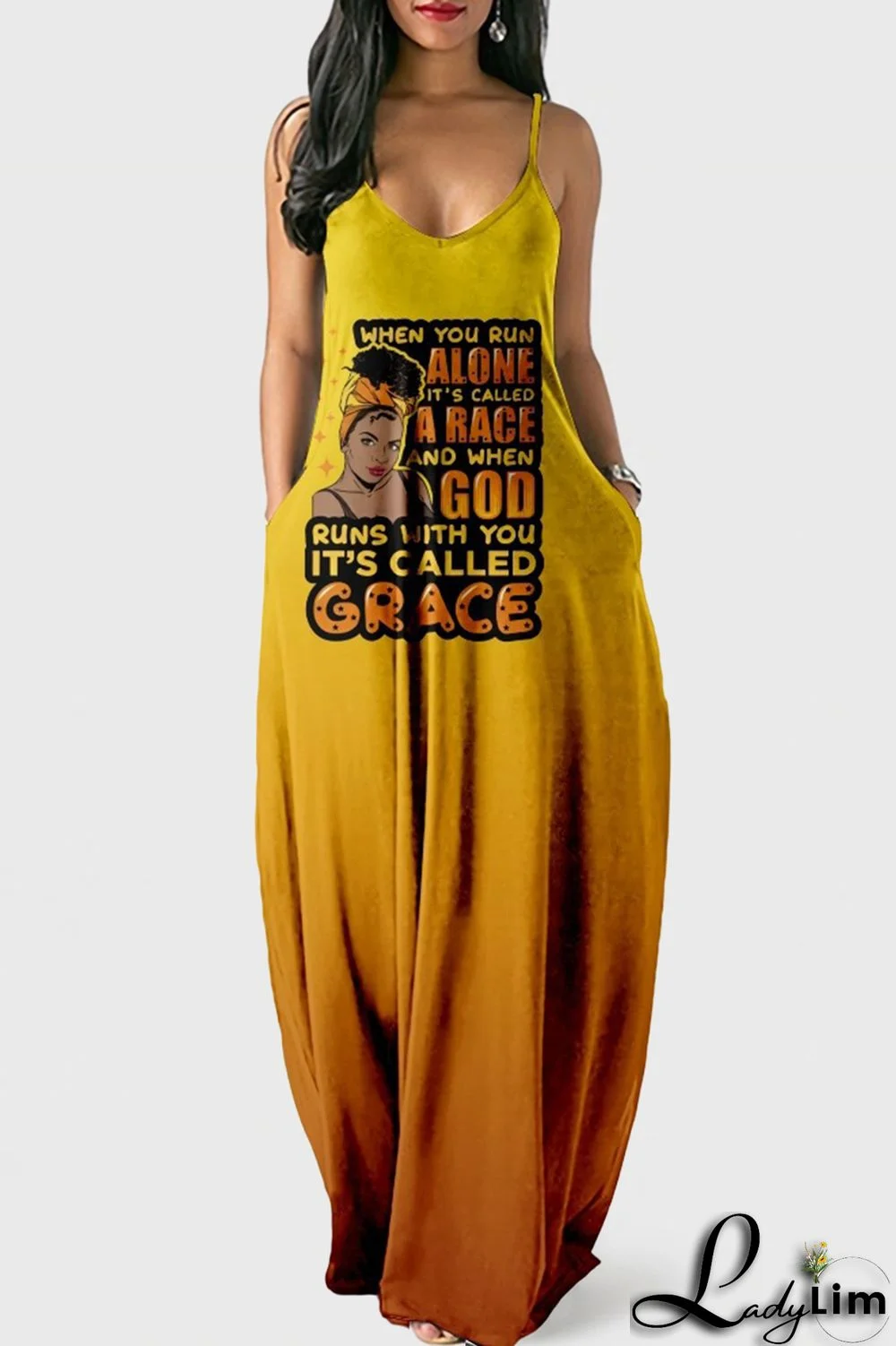 Orange Yellow Fashion Sexy Print Backless Spaghetti Strap Long Dress