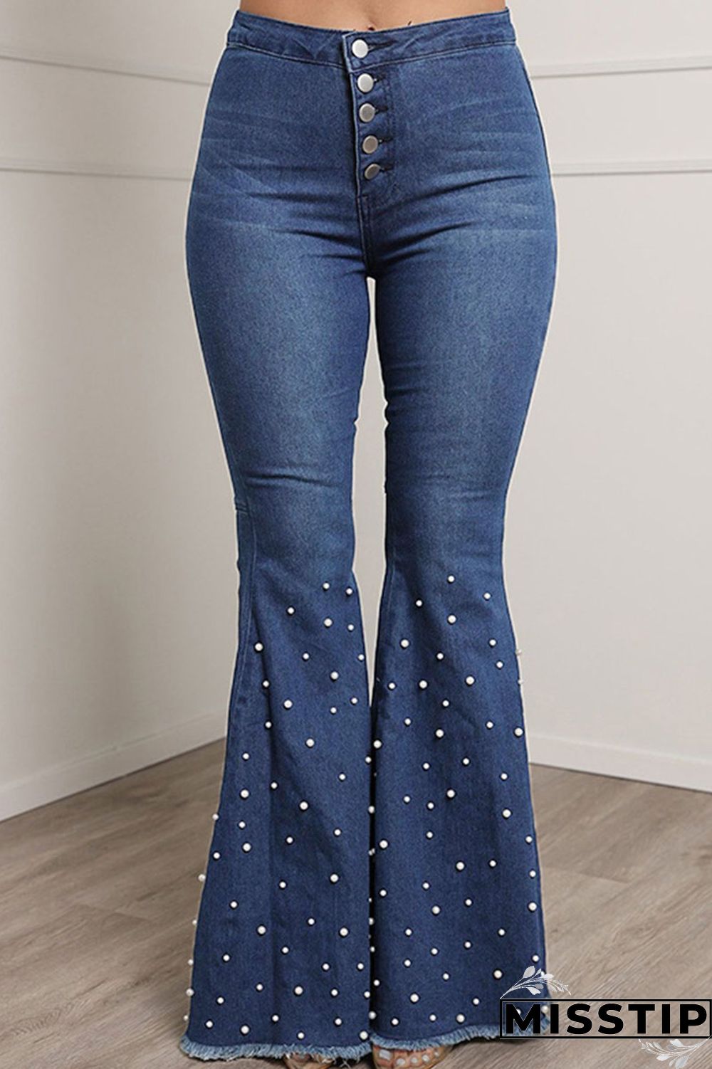 Blue Casual Street Solid Patchwork Beading High Waist Boot Cut Denim Jeans