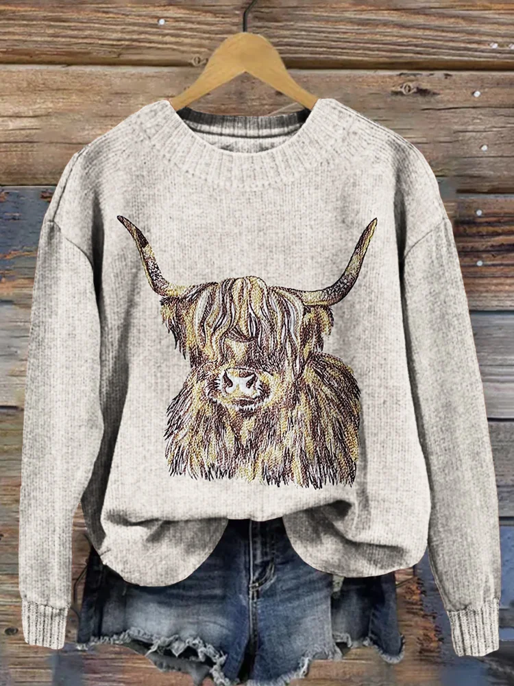 VChics Highland Cow Embroidery Art Pattern Cozy Knit Sweater