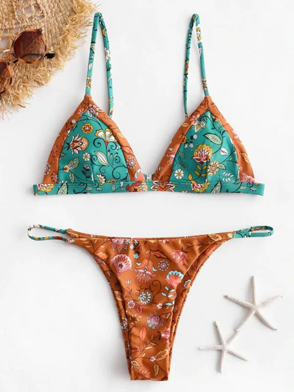 Floral Spaghetti-Neck Triangles Bralette Brazilian Bikini Swimwear