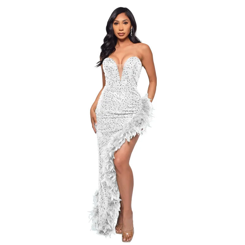 Uveng Tube Backless Sequined Feather Dress Dresses