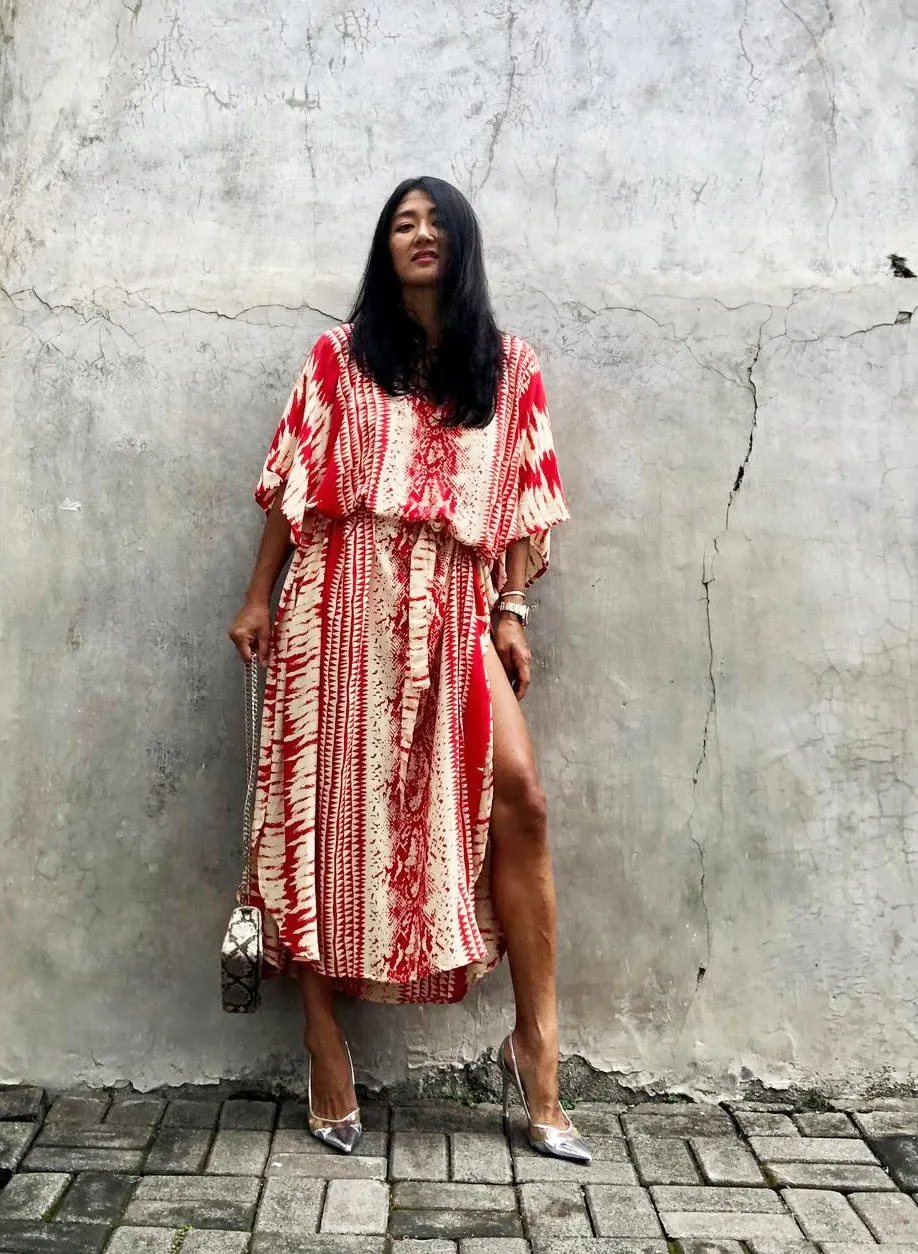 Fitshinling Bohemian Vintage Oversized Dress Women High Split Sexy Maxi Dresses Beach Cover Up Sashes Holiday Serpentine Kaftan