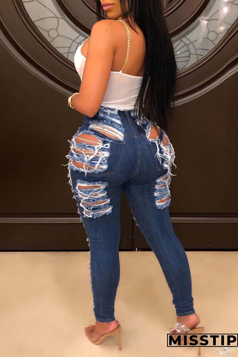 Dark Blue Casual Solid Ripped Patchwork Plus Size Jeans