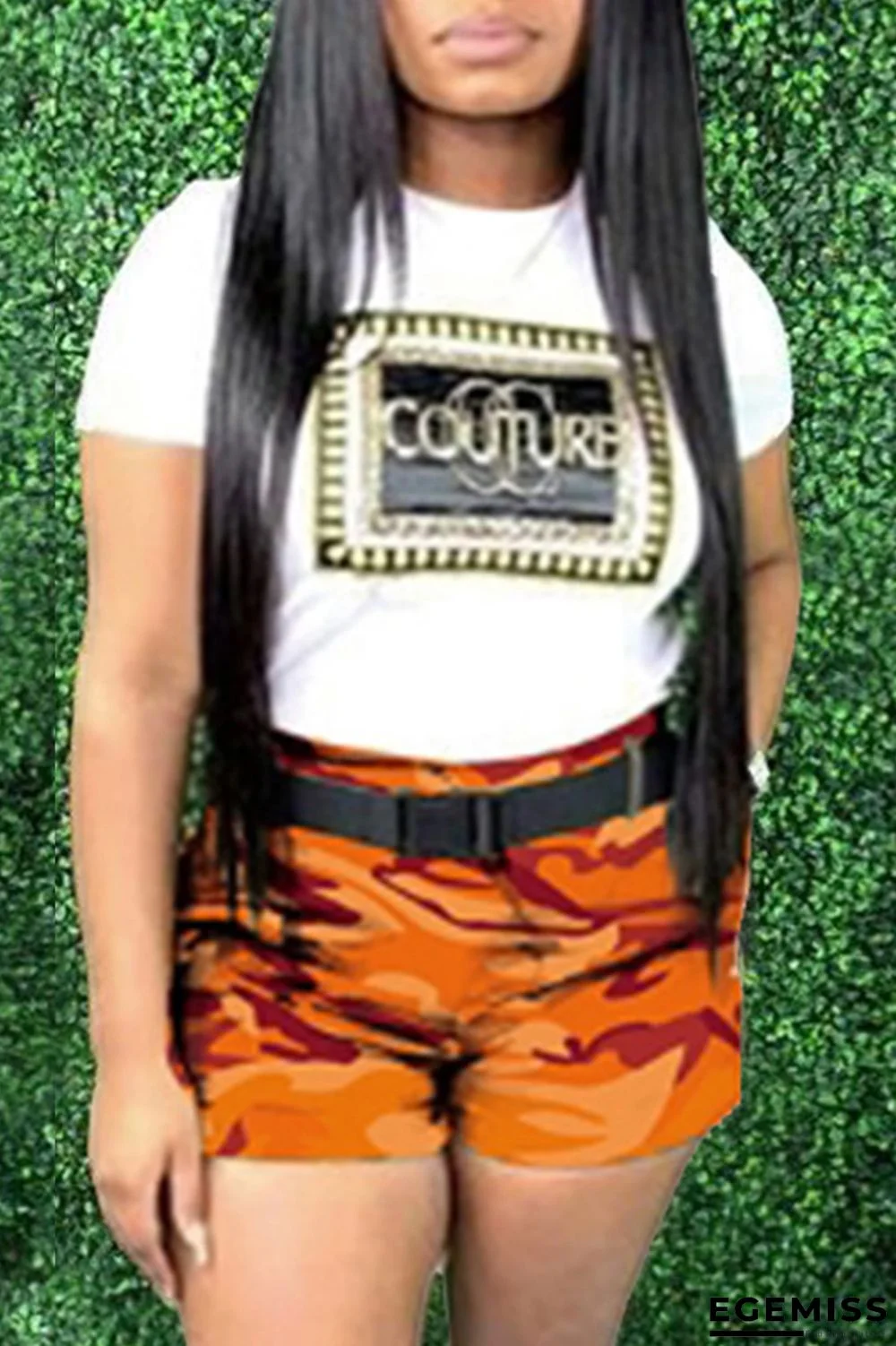 Orange Fashion Letter Print Camouflage Print Without Belt O Neck Plus Size Two Pieces | EGEMISS