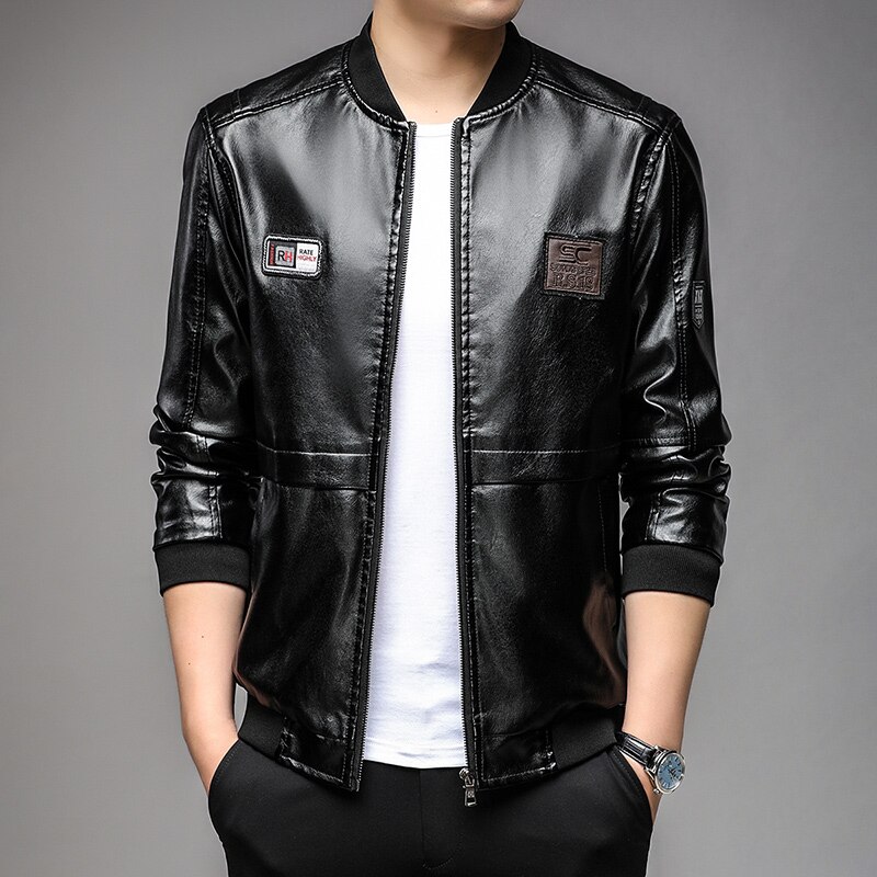 top Grade New Brand Fall Winter Designer Casual Biker Fashion Faux Pu Men Leather Jacket Plain Motorcycle Coats Men Clothing