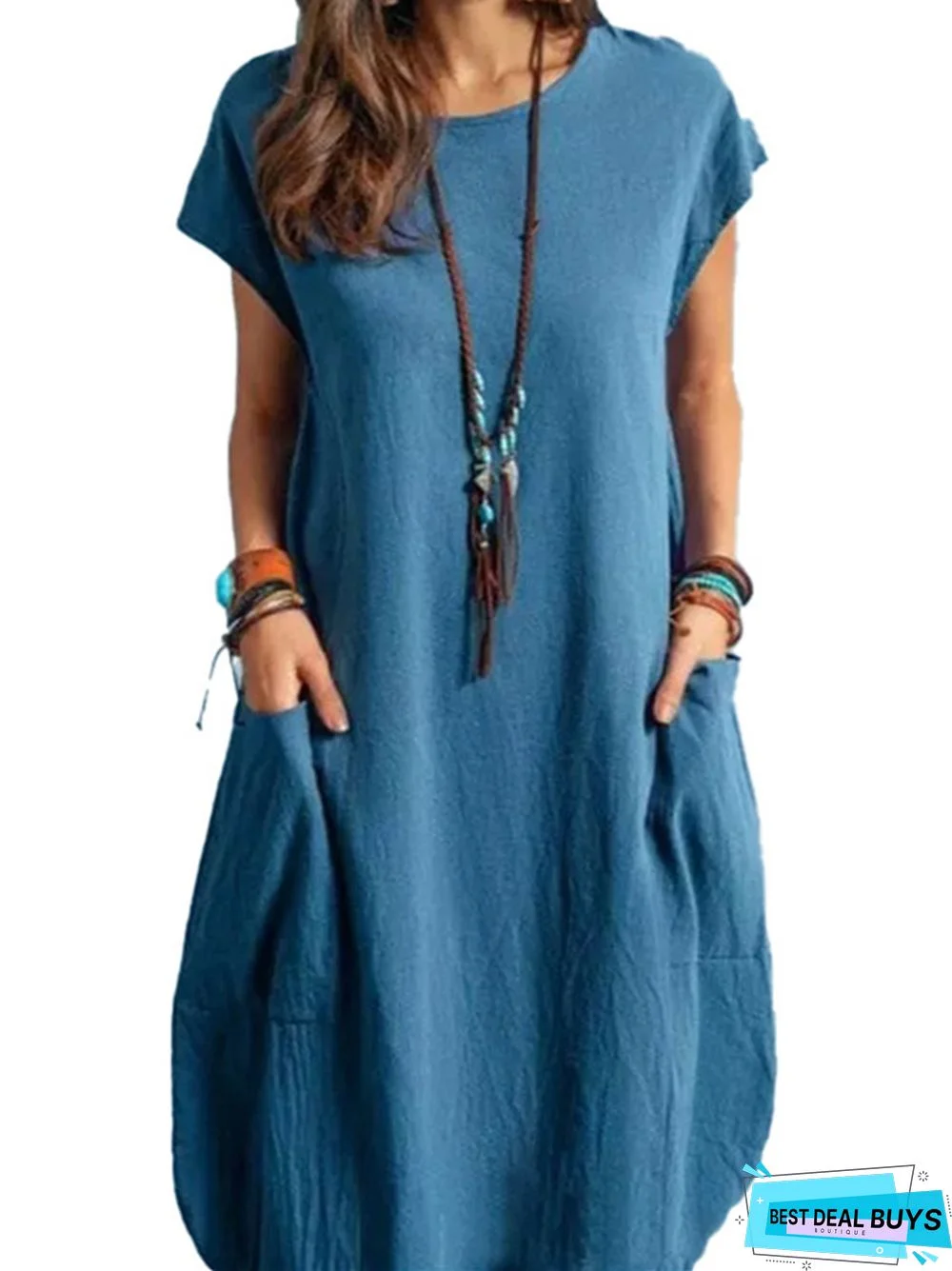 Cotton Loose Casual Solid Color Pocket Dress Women Dress