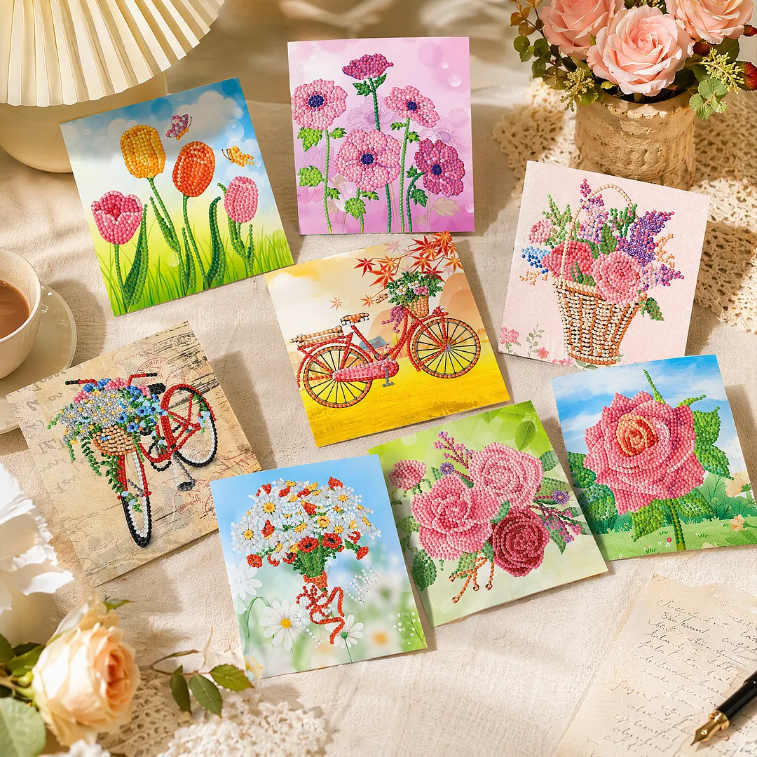 8PCS Flowers DIY Diamond Painting Greeting Card Kits with Envelopes Diamond Art Greeting Cards Diamond Art Cards Kits for Adults DIY Crafts Family Friend Gifts