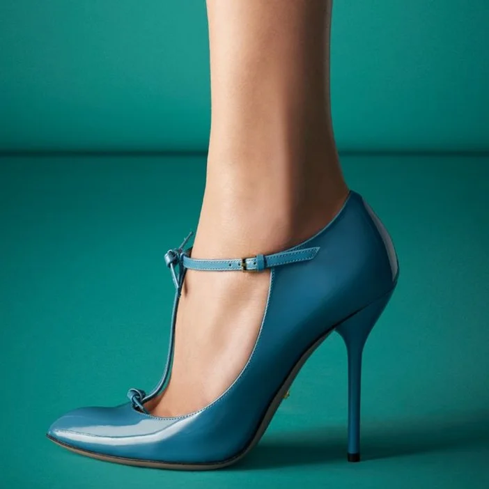 Blue T Strap Pointy Toe Stiletto Heels Patent Leather Pumps. Vdcoo