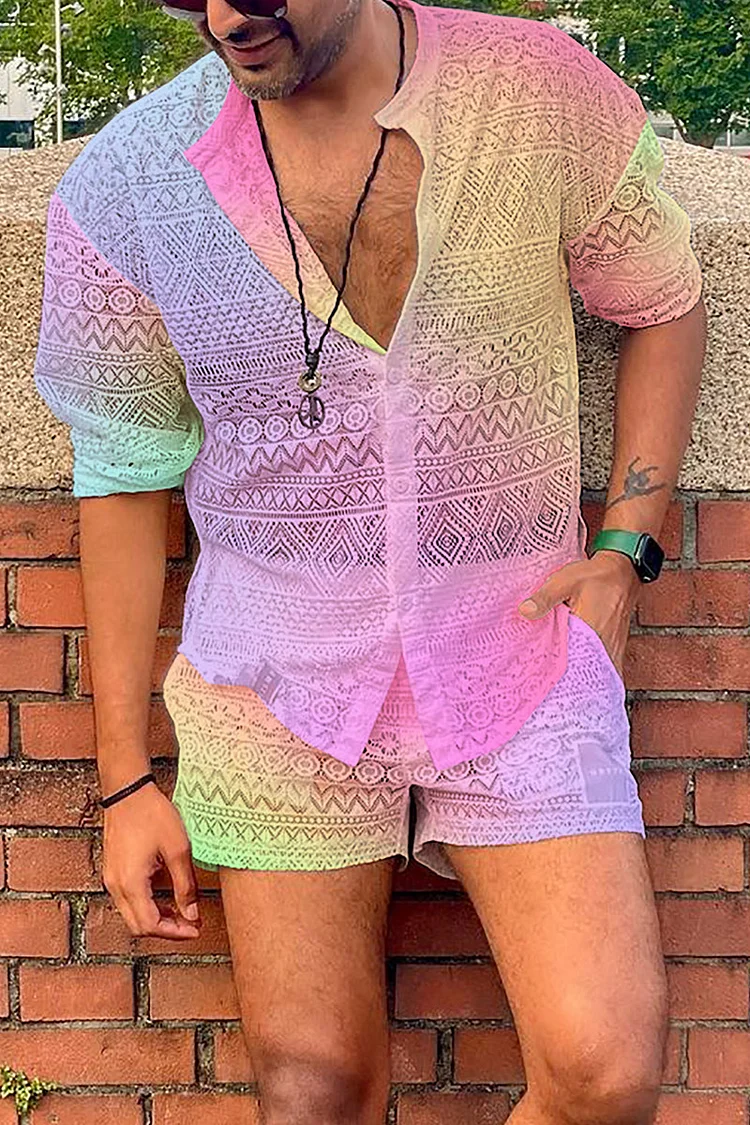 Ciciful Rainbow Lace Long Sleeve Shirt Shorts Two Piece Set