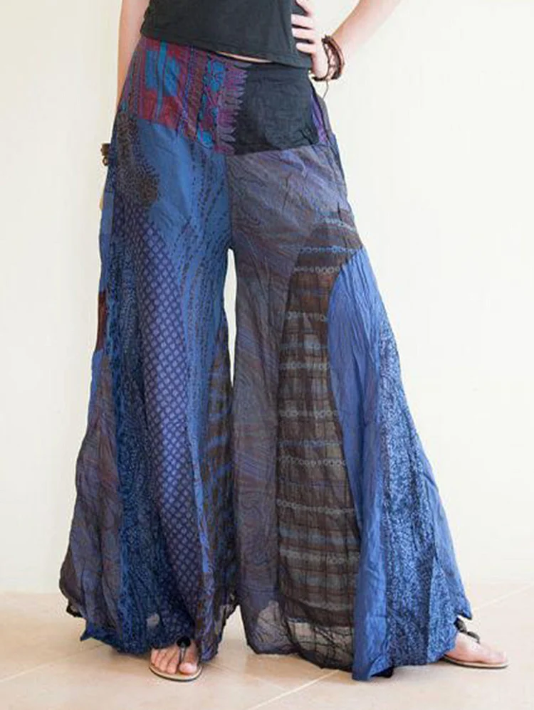Casual Patchwork Print Loose Wide Leg Long Pants