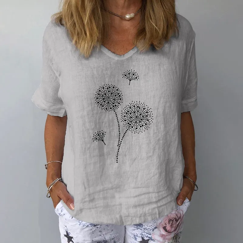 Women Summer Cotton Linen Blouse Casual V Neck Short Sleeve Femme Blouse Shirt New Letter Print 2022 Blusas Womens Tops S-3XL
