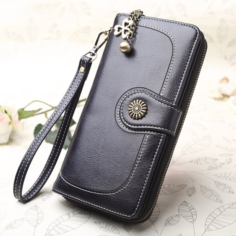 Oil Leather Women's Wallet 2022 New Zipper PU Leather Clutch Bag Long Tri-fold Wallet Female Multifunctional Retro Card Holder