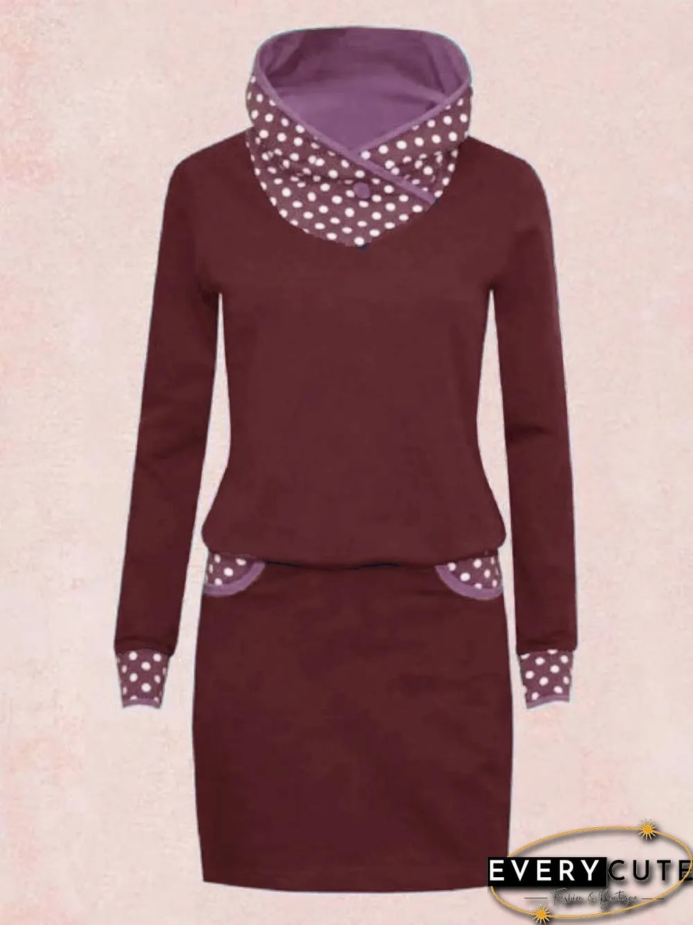 Deep Blue Long Sleeve Polka Dots Turtleneck Knitting Dress