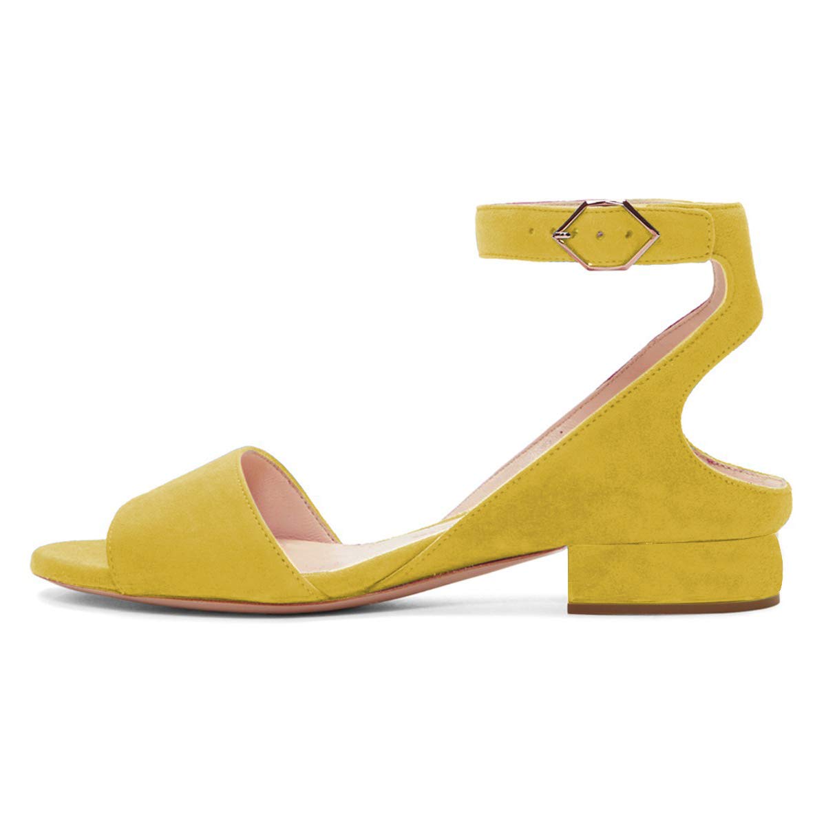 Yellow Faux Suede Open Toe Chunky Heel Ankle Strap Sandals Nicepairs