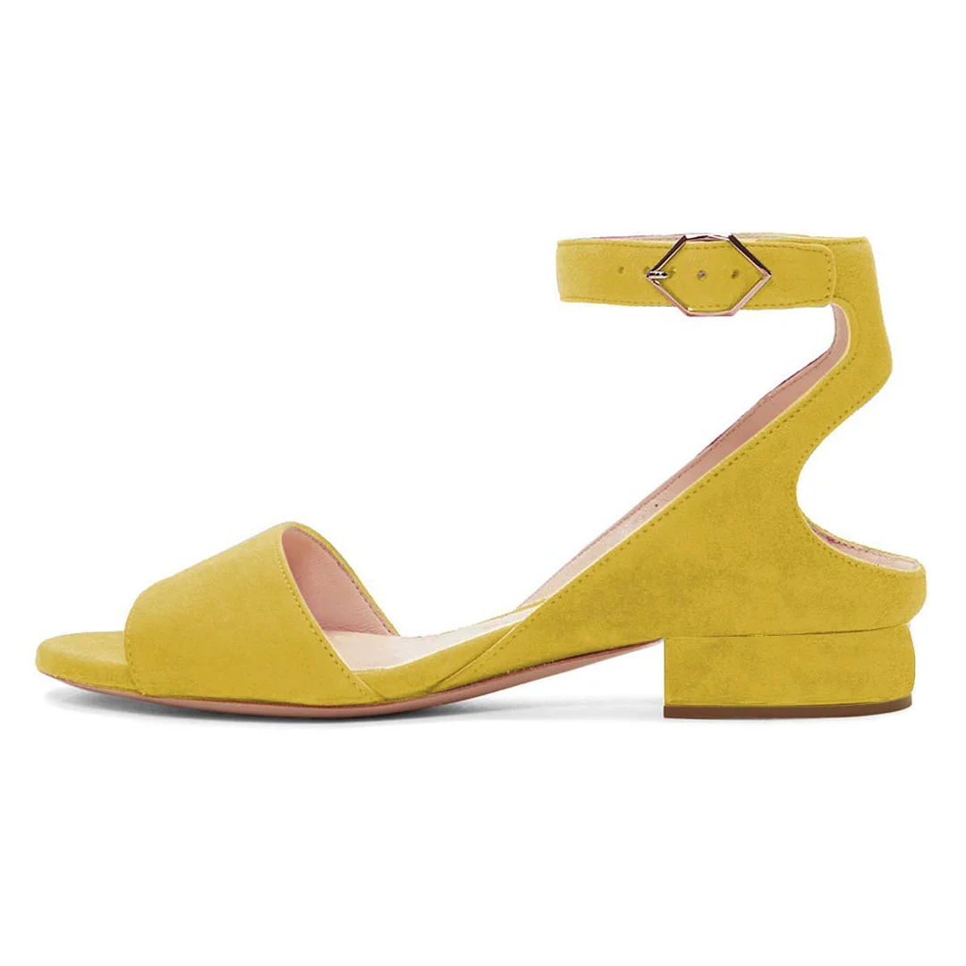 Yellow Faux Suede Open Toe Ankle Strap Sandals with Low Chunky Heels Nicepairs