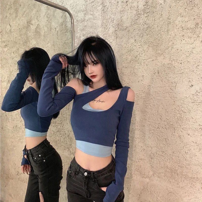 T-shirts Women Patchwork Skinny Sexy Design Long Sleeve Off Shoulder Spring Party Fashion Streetwear Hot Sale Ladies Crop Top