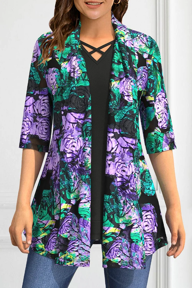 Flycurvy Plus Size Dressy Purple Rose Print Ombre Mesh Cross Strap 3/4 Sleeve Kimono Two Pieces Blouse