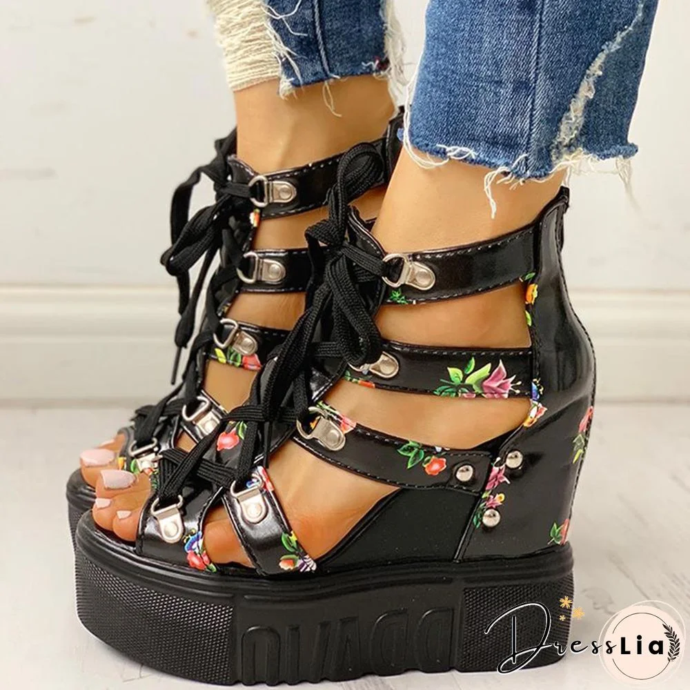 INS Hot Print Leisure Wedges Women's Shoes Summer Shoes Women Sandals Platform Shoelaces High Heels Casual Shoes Woman