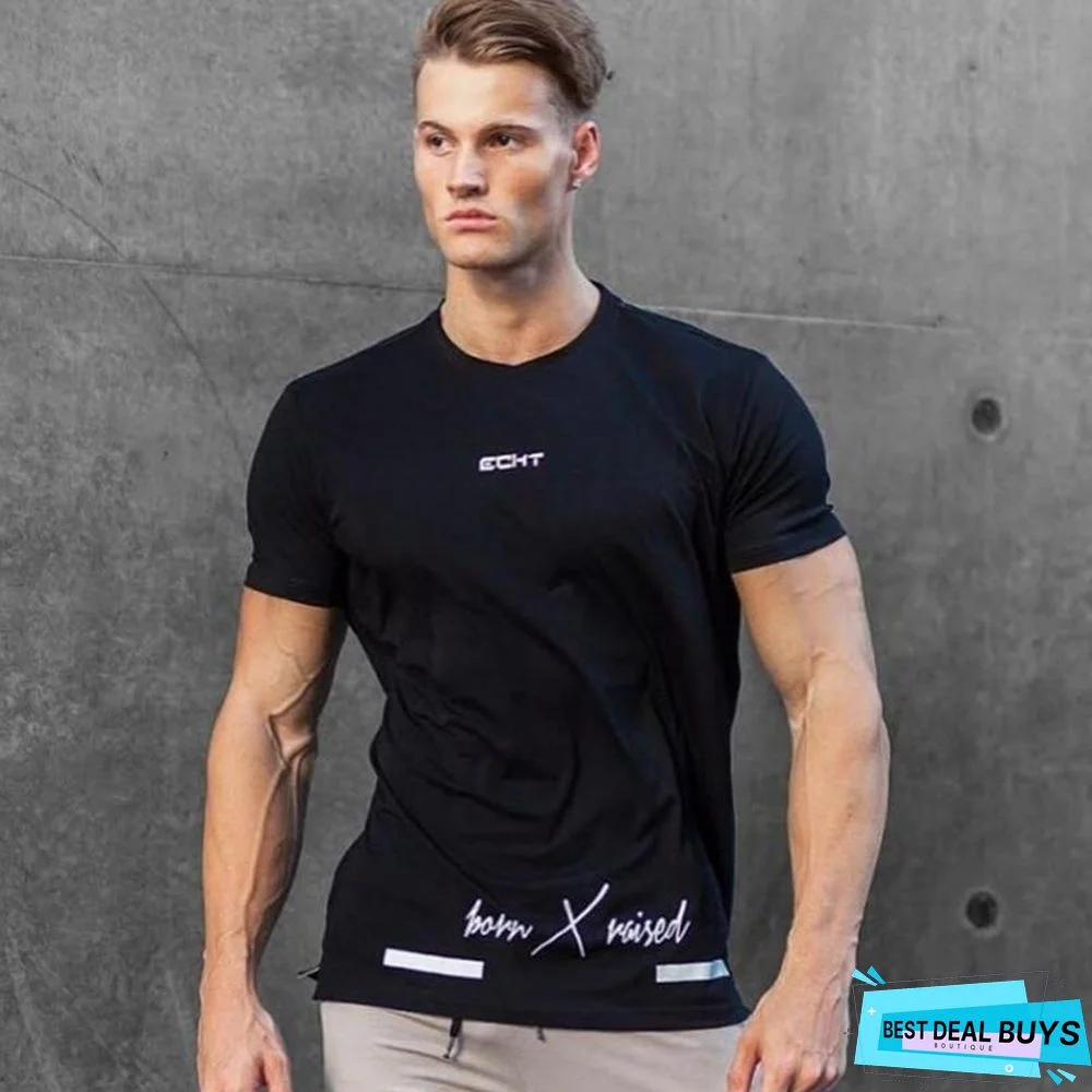 Mens Short Sleeve Cotton T-Shirt Gyms Fitness Workout T-Shirt Male Casual Print O-Neck Slim Tees