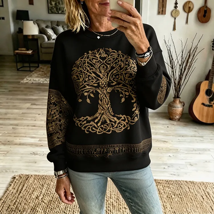 Women's Vintage Viking Tree Of Life Celtic Knot Rune Print Long-sleeved Round Neck Casual Loose Top