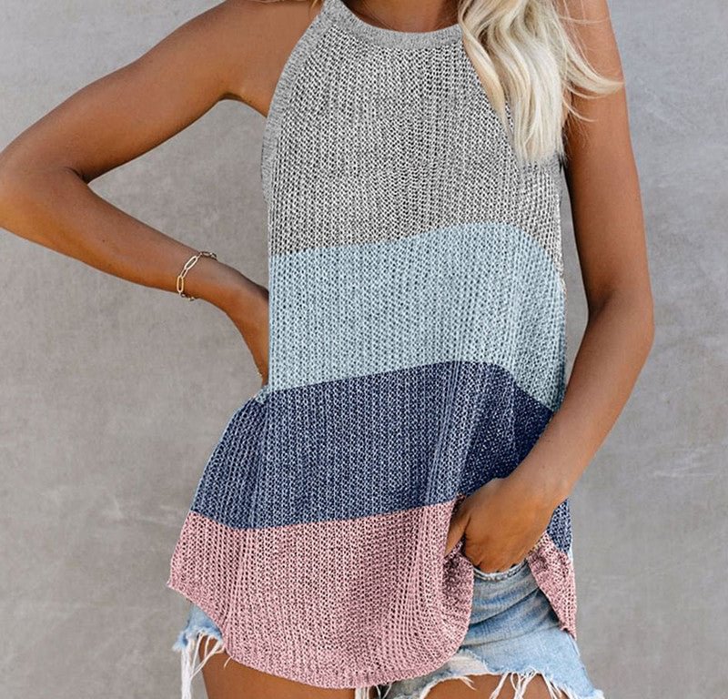 Summer Contrast Color Knitted Vest Women's Halter Round Neck Sleeveless Top Sweater