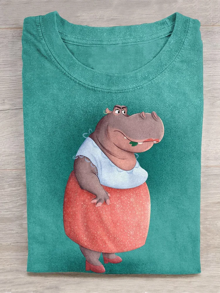 Funny Vintage Dress Hippo Art Pattern Print Casual T-shirt