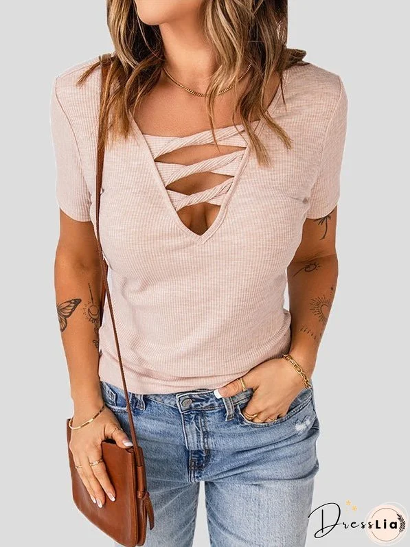 Women's T-Shirts Solid V-Neck Hollow Short Sleeve T-Shirt