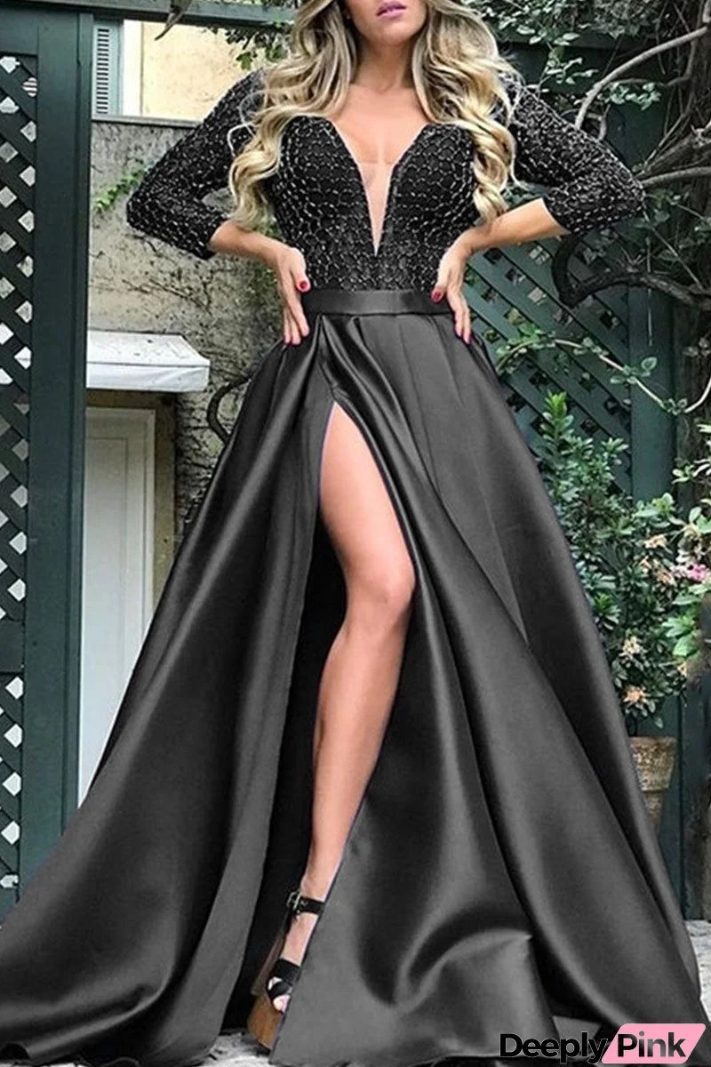 Elegant Solid Sequins Patchwork V Neck Evening Dress Dresses