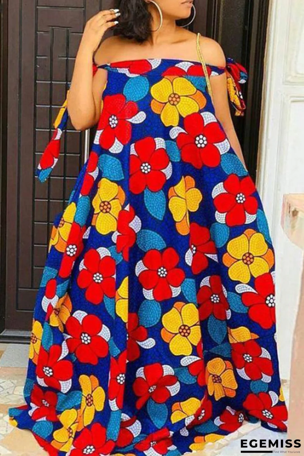 Blue Sexy Bohemian Floral Strap Design Off the Shoulder Maxi Dresses | EGEMISS