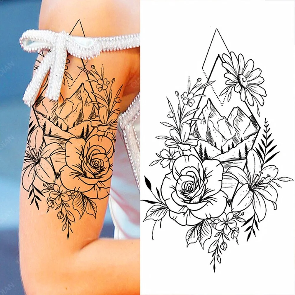 Arm Temporary Tattoo Tiger Flower Lion Rose Wing Wolf Mountain Dolphin Body Chest Leg Waterproof Sticker Tatoo Fashion Man Totem