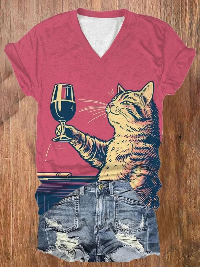 Women's Cat Chilling With Red Wine Print Casual T-Shirt