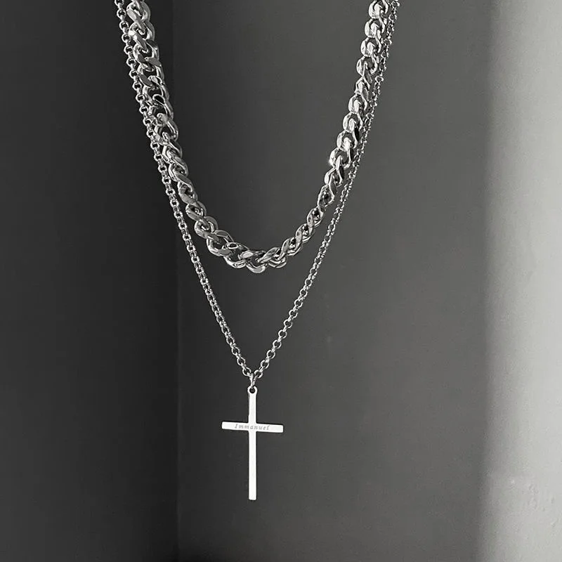 Hip Hop Double Stacked Cross Necklace For men -  