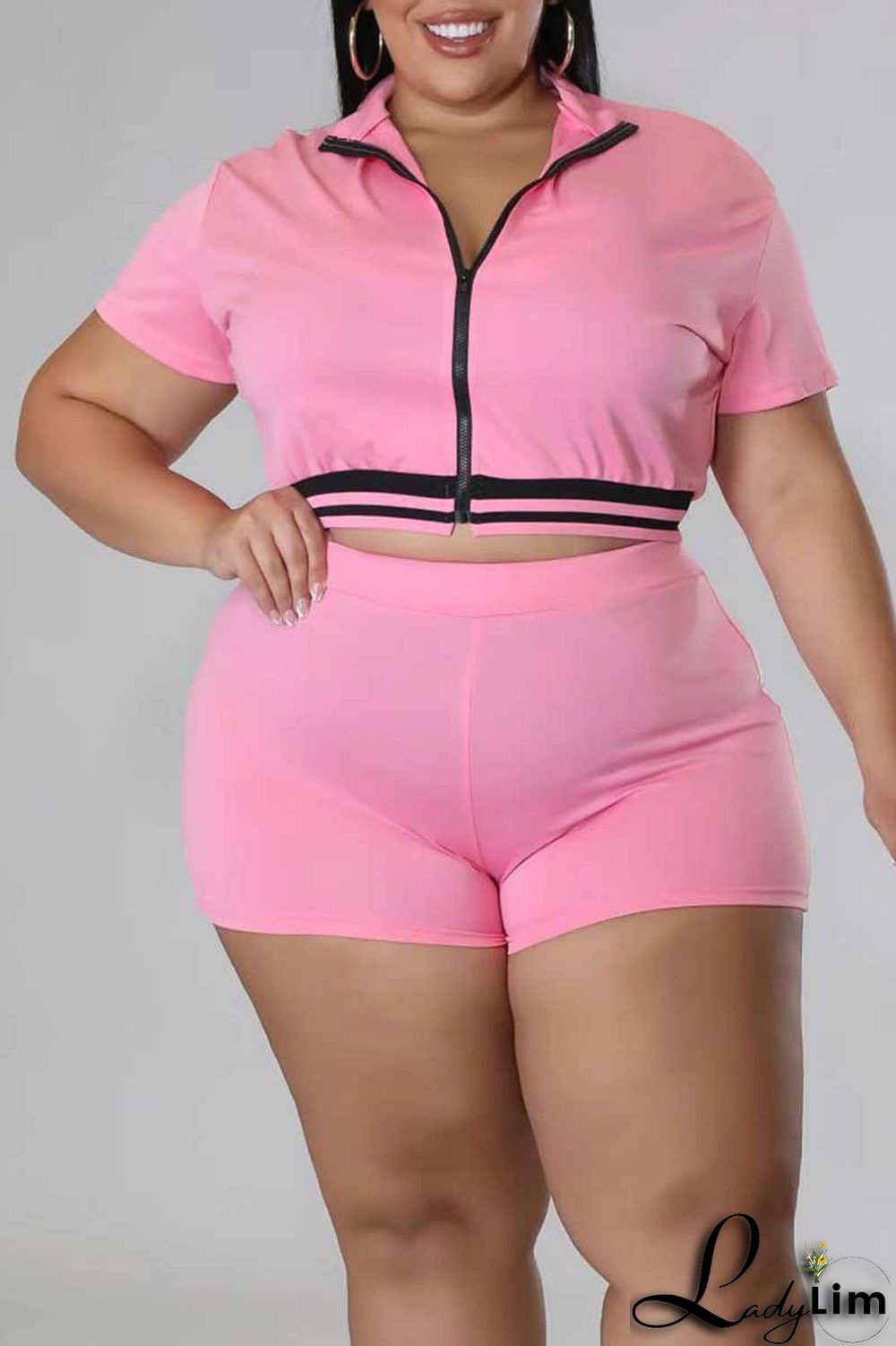 Black Casual Solid Patchwork Zipper Plus Size Two Pieces