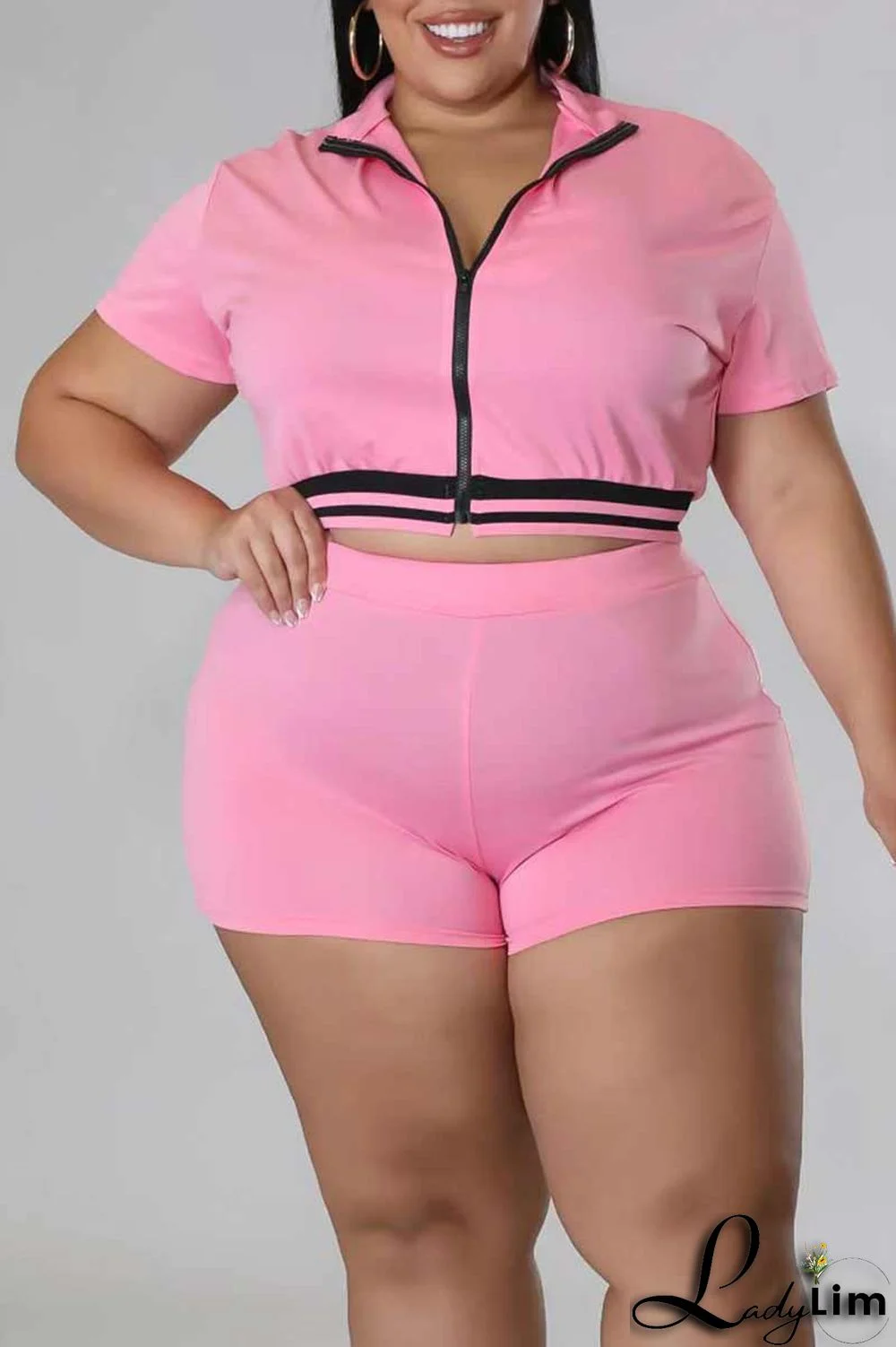 Black Casual Solid Patchwork Zipper Plus Size Two Pieces