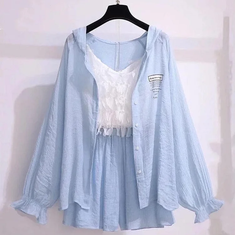 Lovely 3 Piece Set Korean Fashion Syle Loose V-neck Sun Protection Shirt and Shorts SP16100