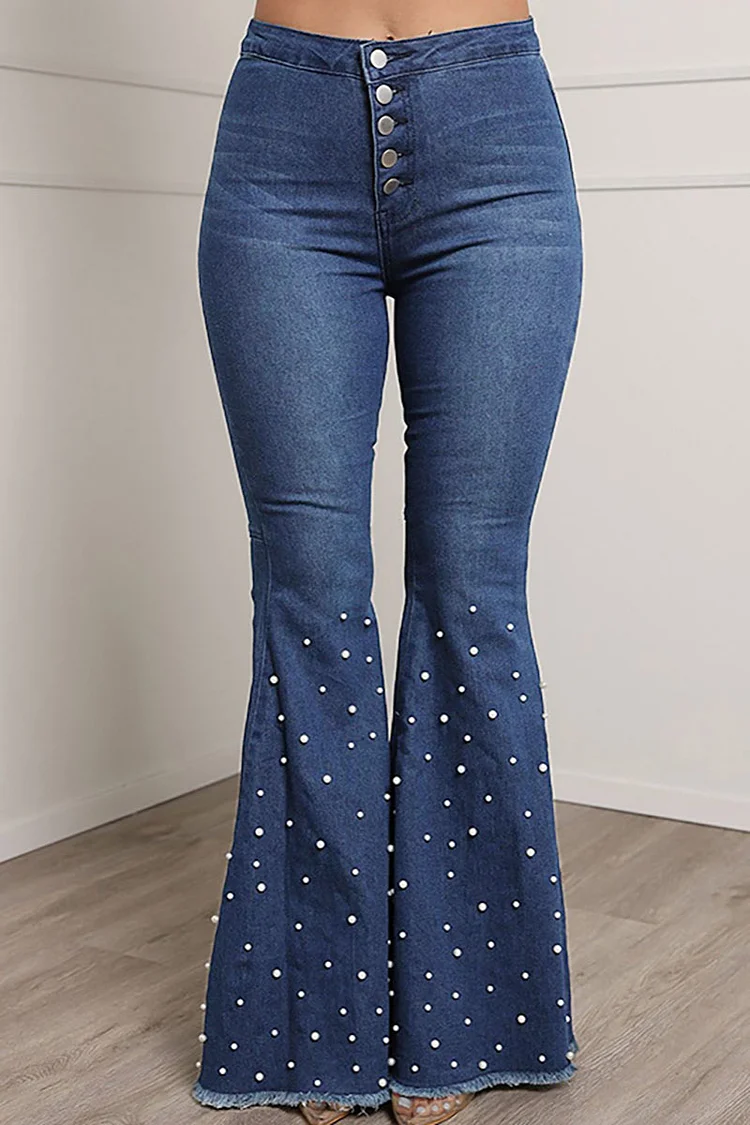 Denim Button Up Flared Leg Pearls Decor Elastic Jeans - Blue