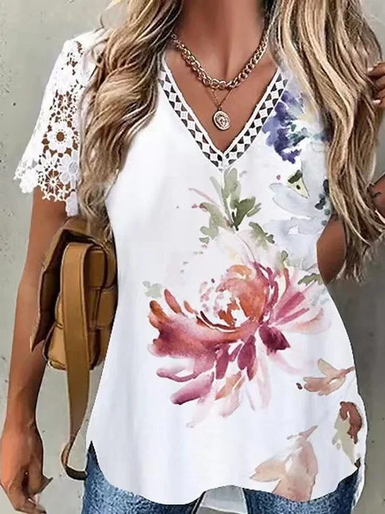 Women's V Neck Short Sleeve Lace Floral Print Casual Top