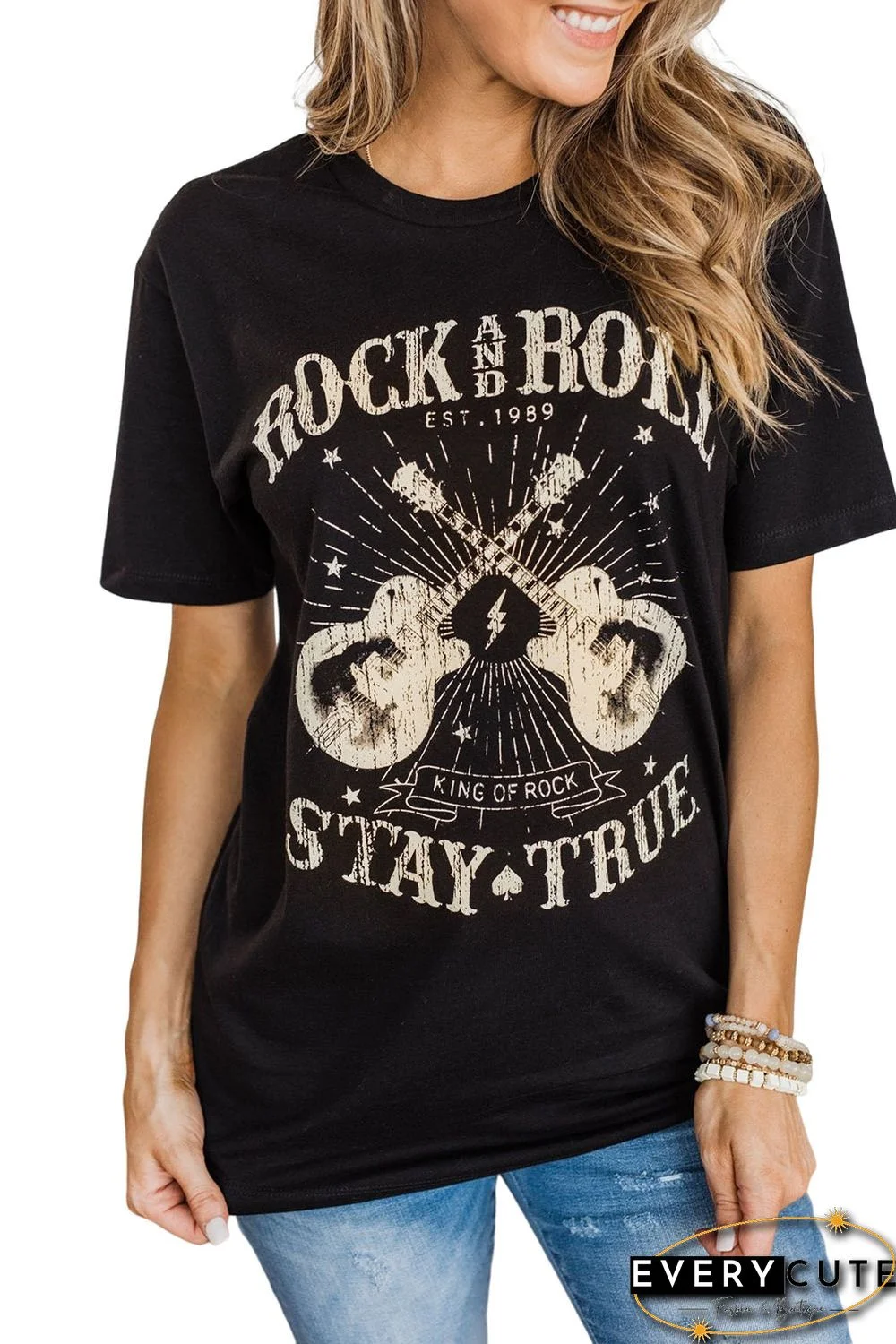 Black Stay True Guitar Graphic Print Short Sleeve Casual T Shirt