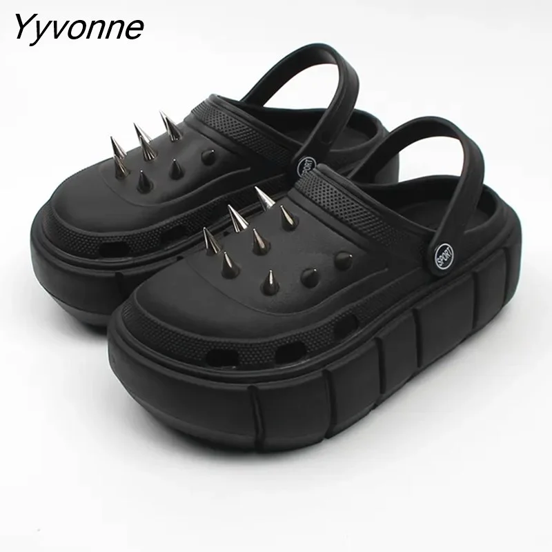 Yyvonne NEW punk metal rivets Sandals Women Slippers Platform Sandals Outdoor Clogs Thick Street Beach Slippers Flip Flops Garden Shoes 521-1
